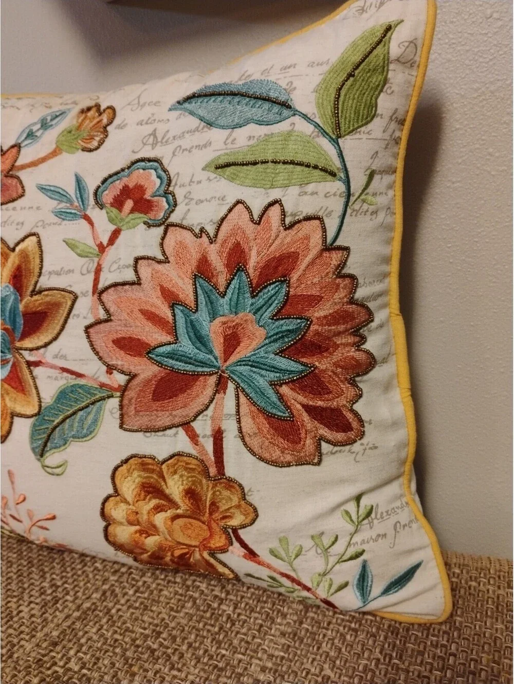 Pier 1 Beaded Embroidered Floral Throw Pillow Boho Cottagecore 17” Square Zip